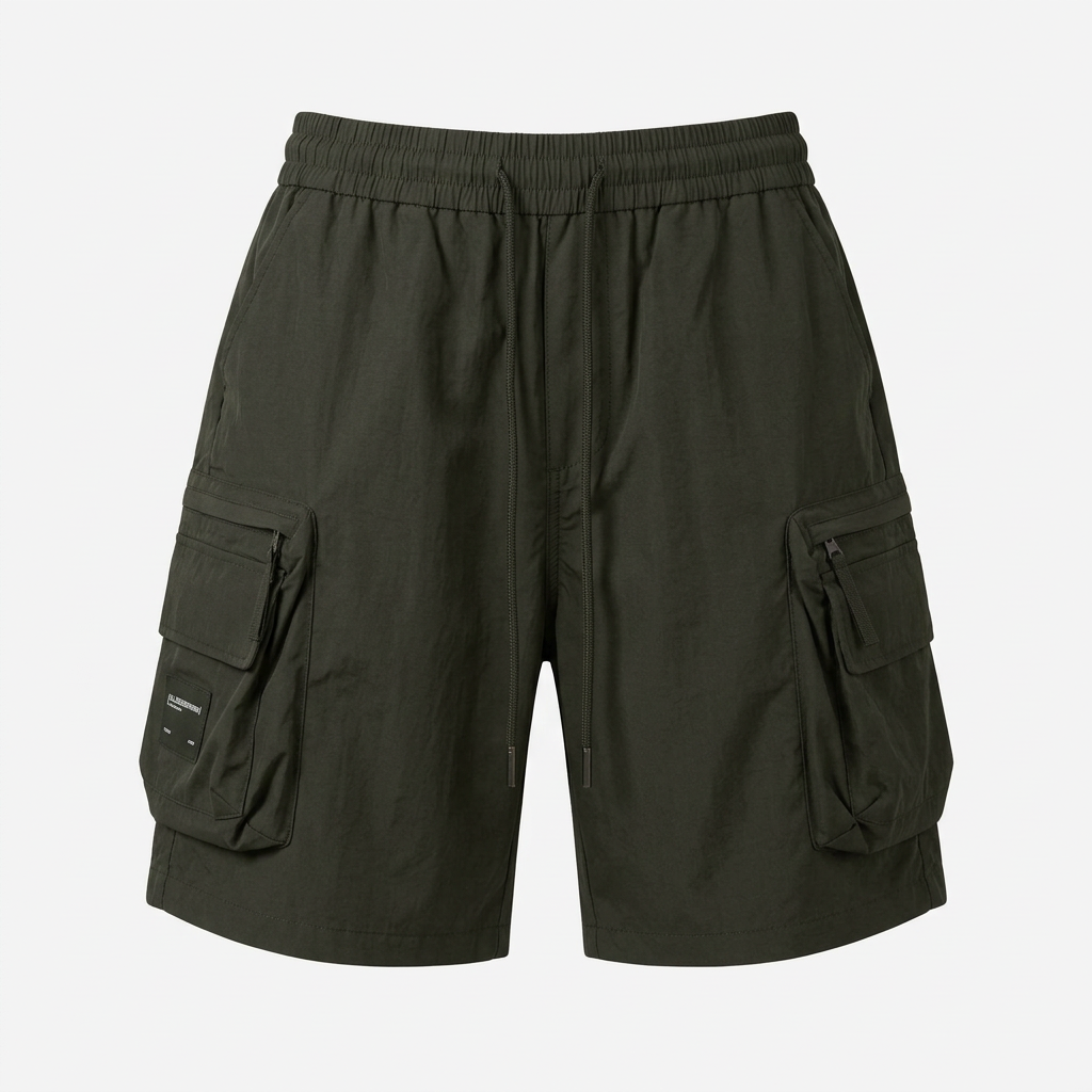 Dark olive cargo shorts ghost mannequin preview
