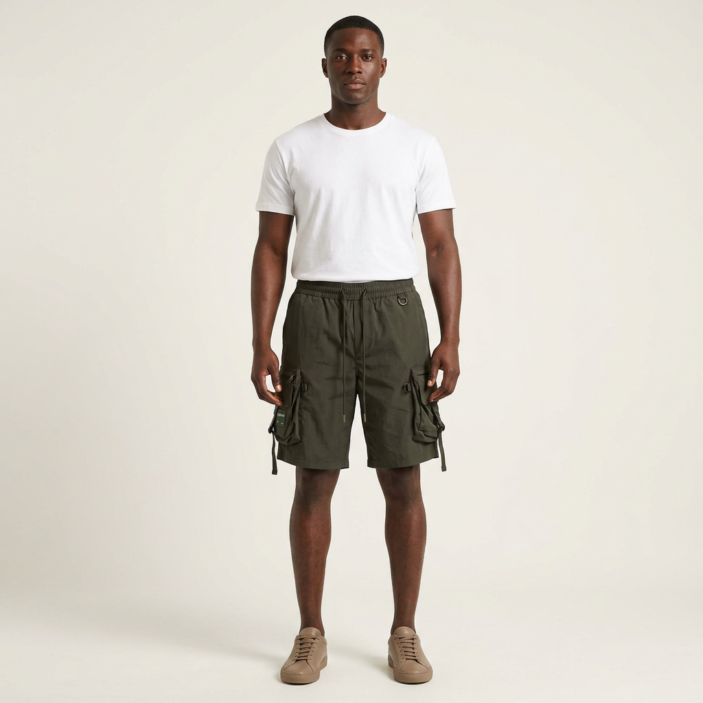 Dark olive cargo shorts on a Black adult model