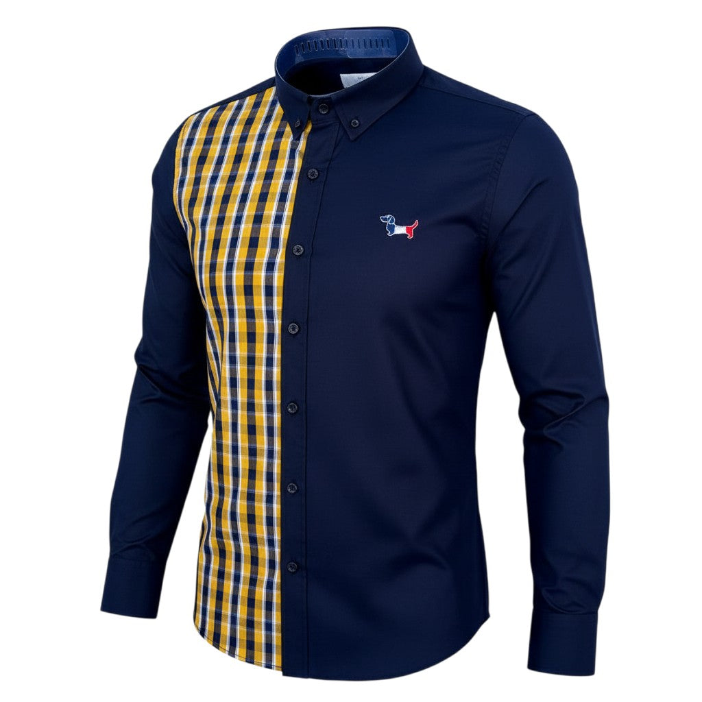 Navy and Mustard Yellow Plaid Split-Panel Long-Sleeve Button-Down Shirt with Embroidered Dog Motif