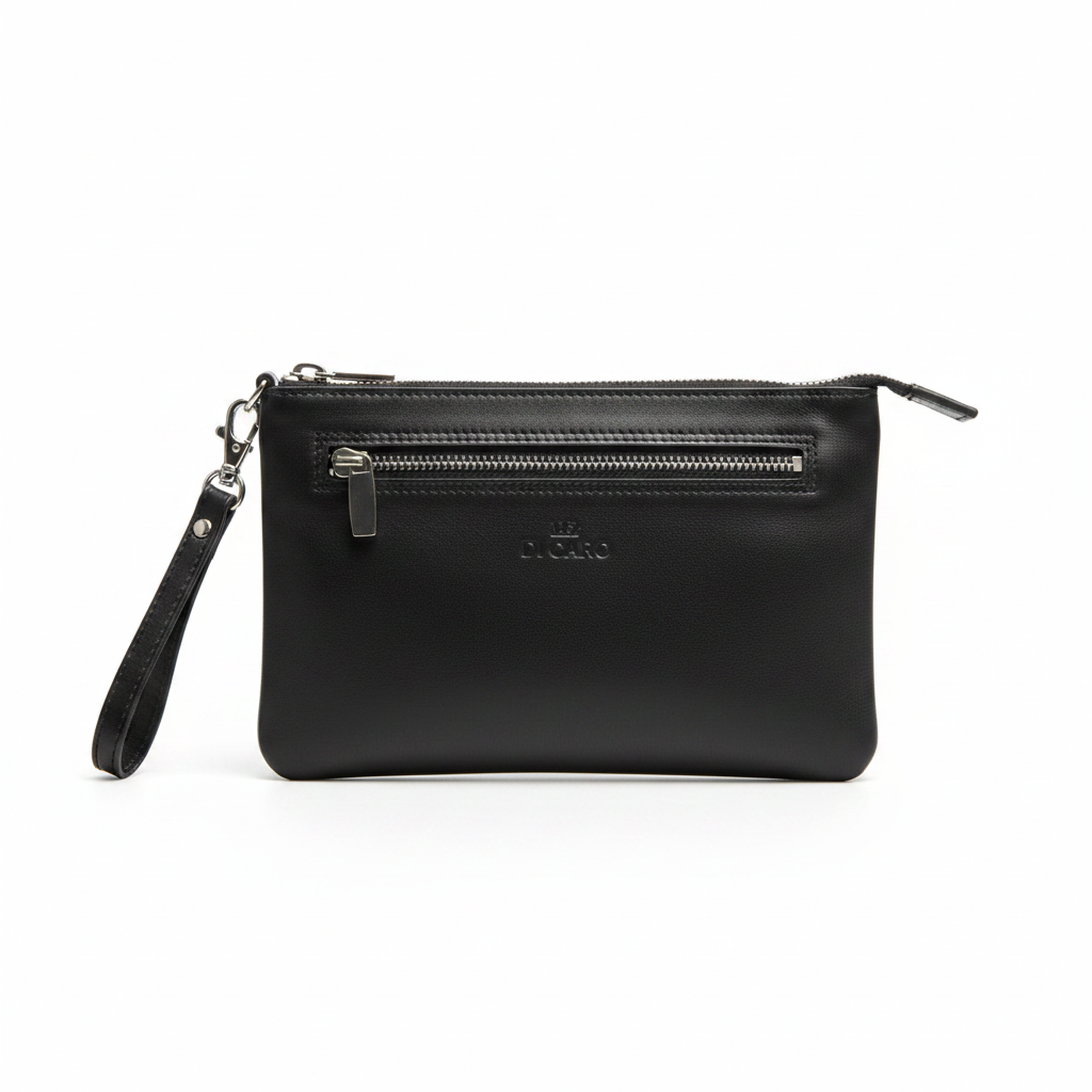 Di Caro Black Leather Double Zip Clutch – Ghost