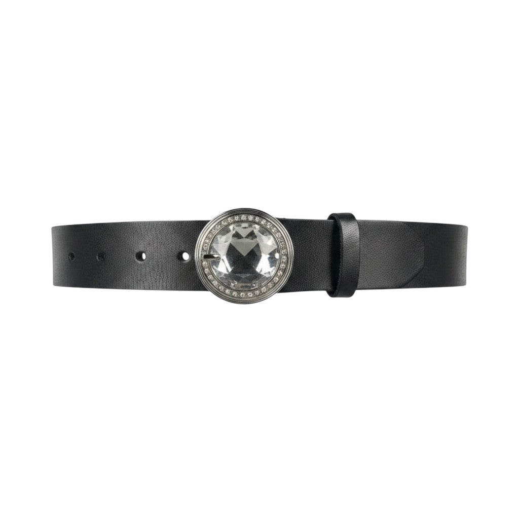 Black Leather Silver Crystal-Rimmed Geometric Gem Buckle Men's Belt