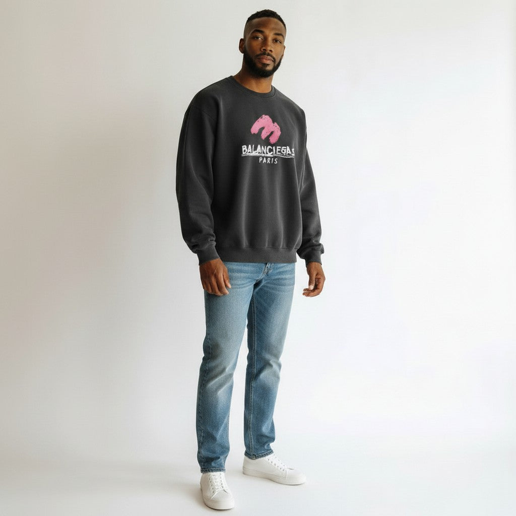 Men's Black Abstract Logo City Print Crew Neck Sweatshirt