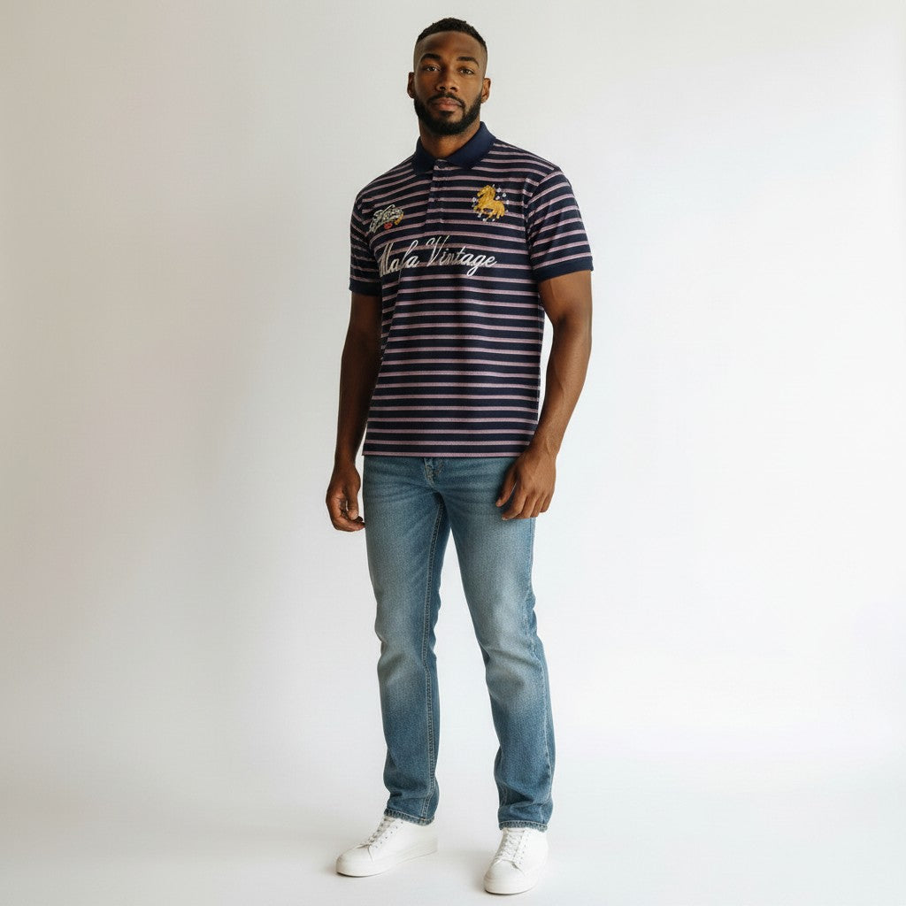 Men's Navy & White Striped Vintage Script Polo Shirt