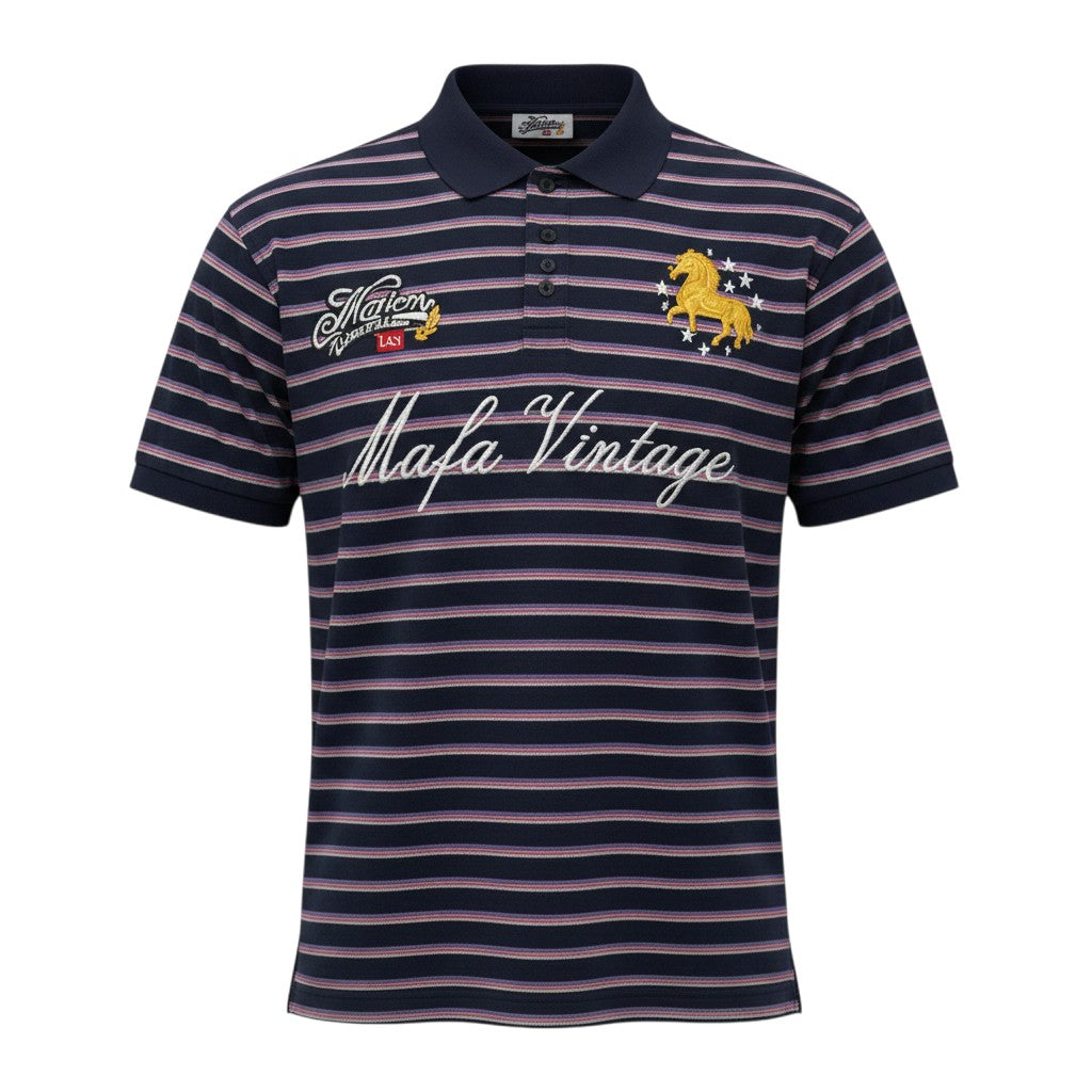 Men's Navy & White Striped Vintage Script Polo Shirt