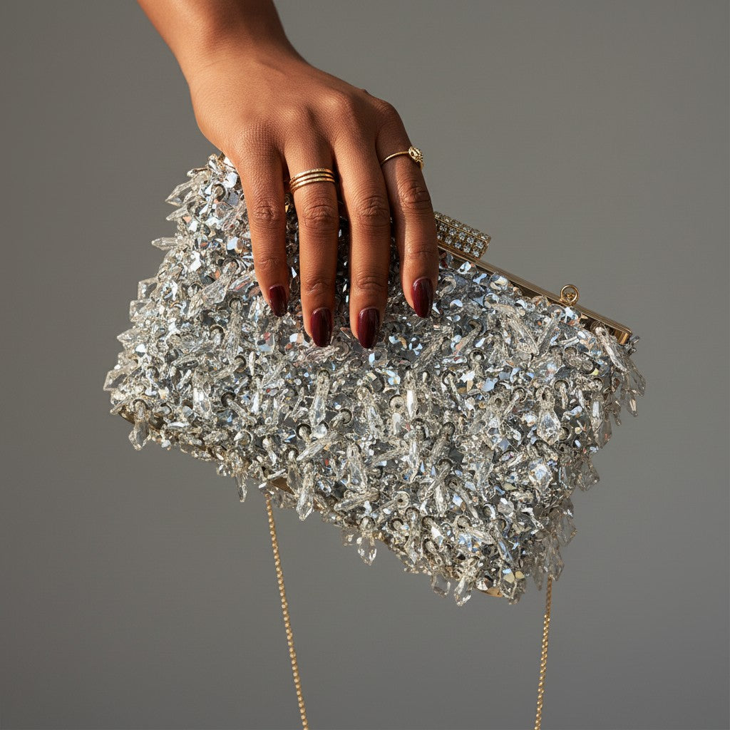 Crystal Petal Fringe Clutch – Black,Red,Gold,Silver
