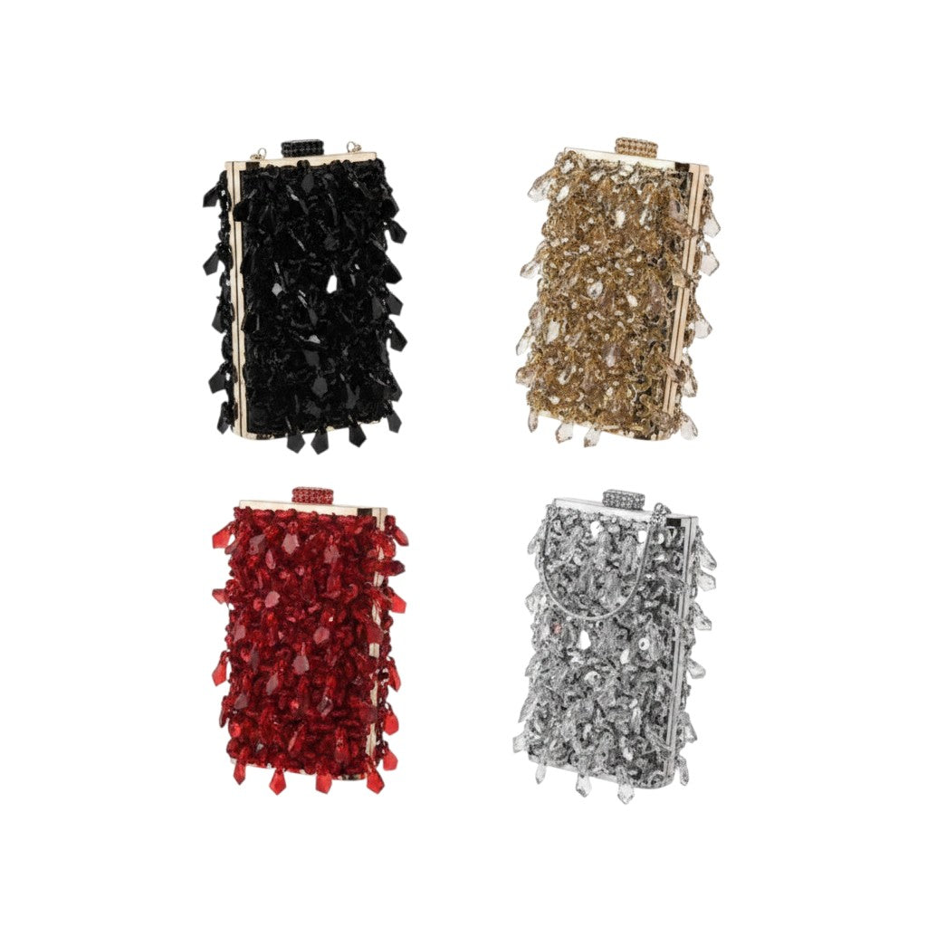 Crystal Petal Fringe Clutch – Black,Red,Gold,Silver