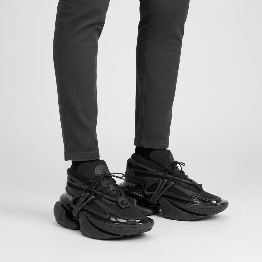 Men's All-Black Sculptural Exoskeleton High-Top Sneakers