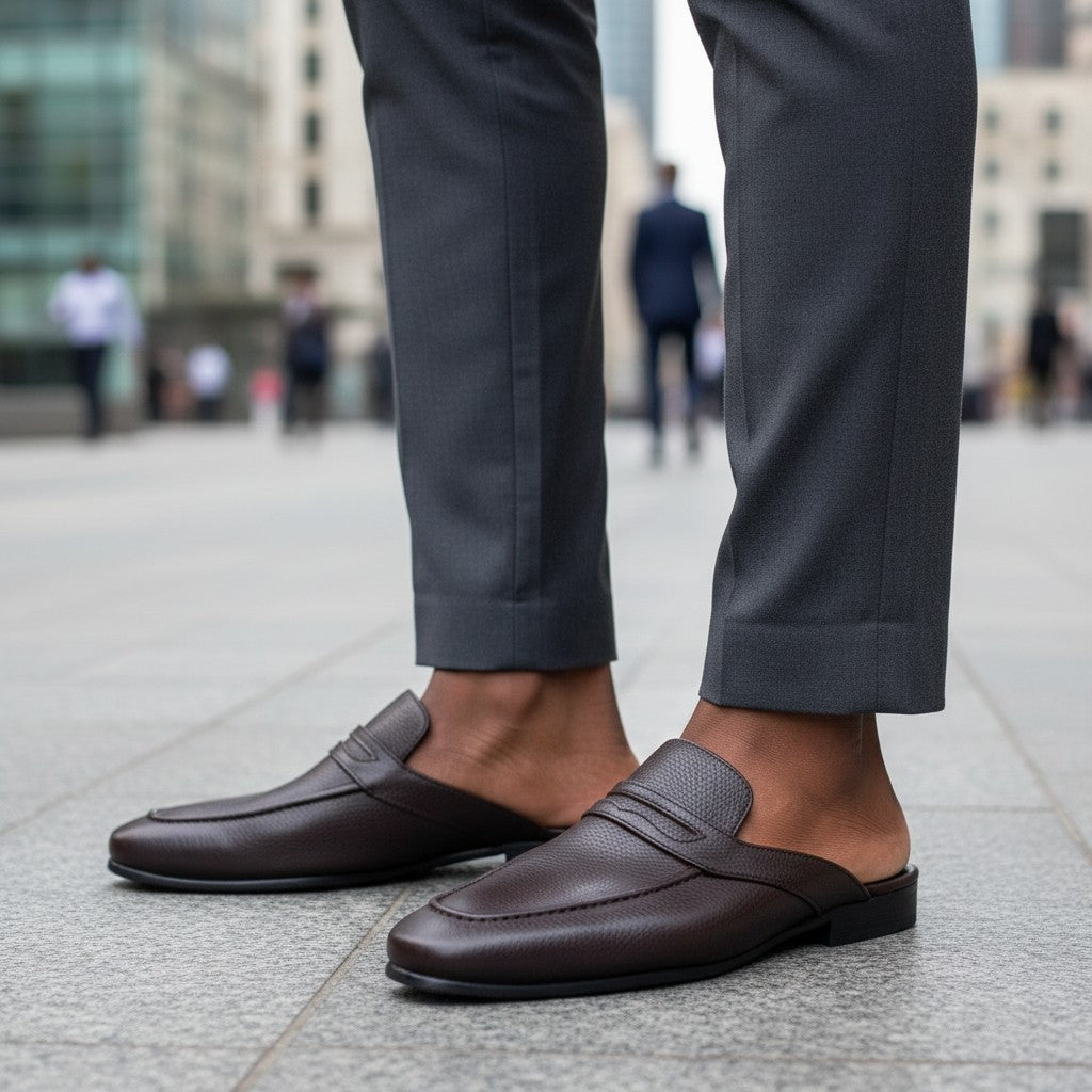 Black Pebbled Leather Penny Mule