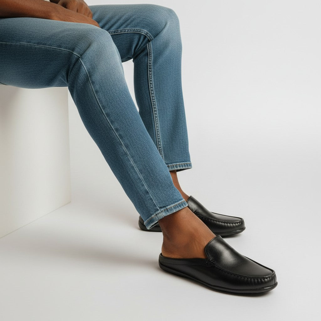 Black Leather Moc-Toe Mule Loafers