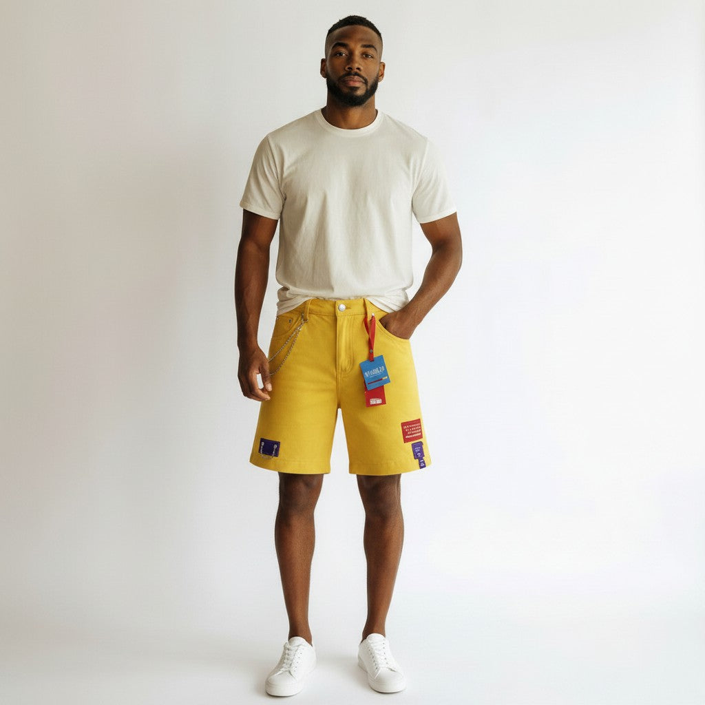 Men's Yellow Cargo Chain Denim Shorts