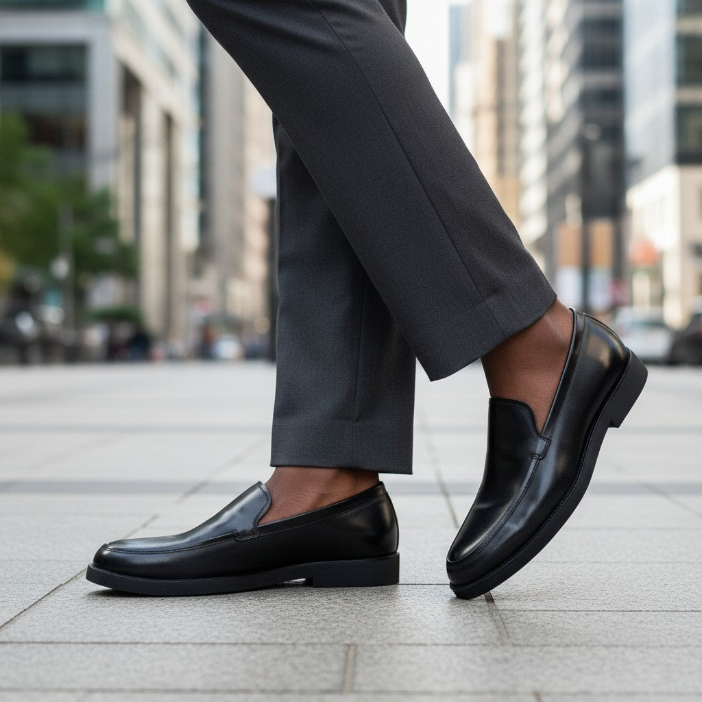 Black Polished Leather Apron-Toe Dress Loafer