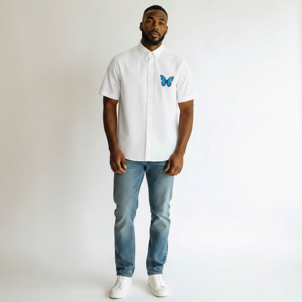 Blue Butterfly Cuban Collar Shirt – White
