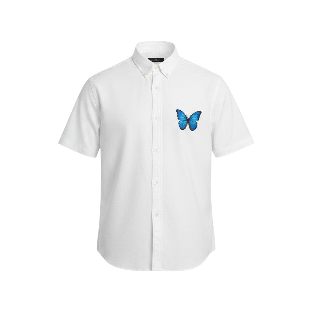 Blue Butterfly Cuban Collar Shirt – White