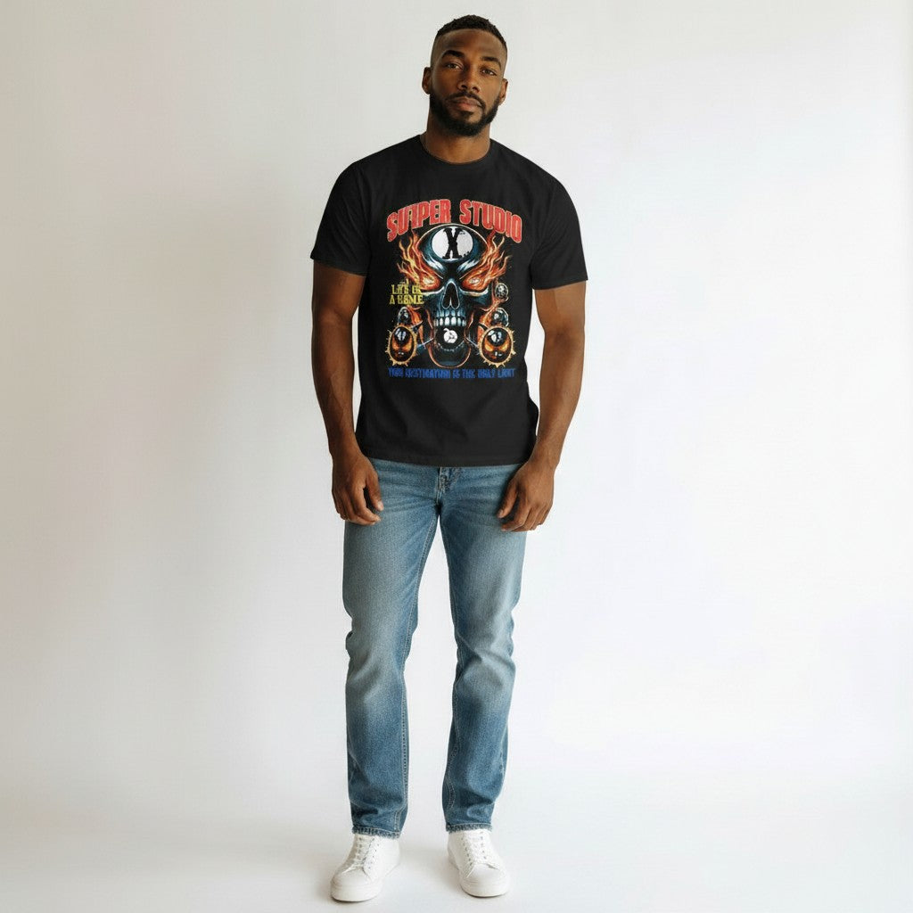 Men's Black Suiper Studio Skull Graphic Oversized T-Shirt