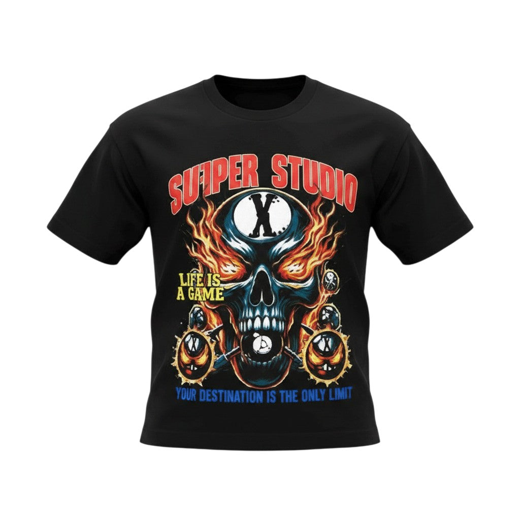 Men's Black Suiper Studio Skull Graphic Oversized T-Shirt