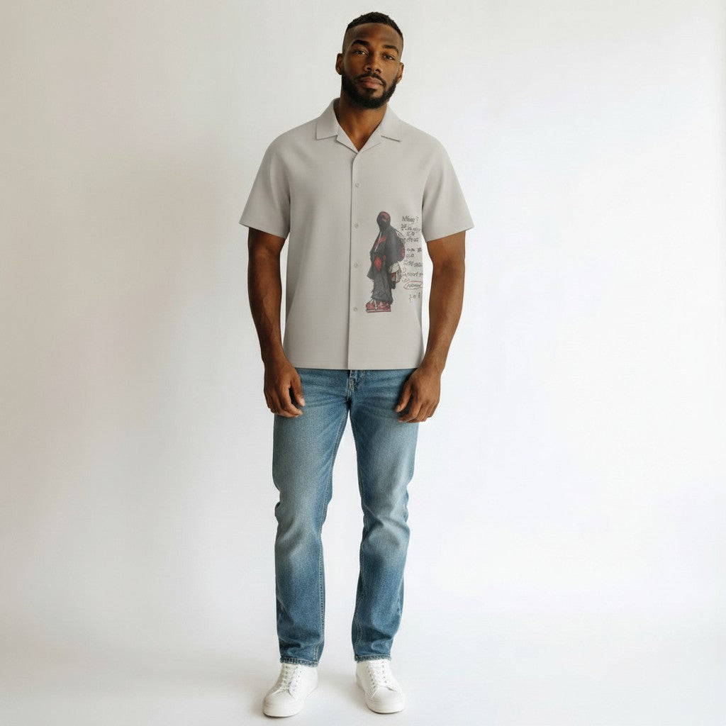 Street Art Graphic Cuban Collar Shirt – Cream