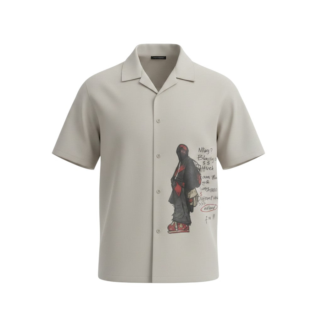 Street Art Graphic Cuban Collar Shirt – Cream