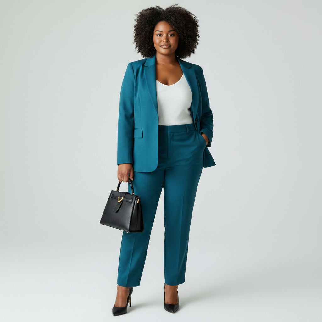 Women's Teal Blue Single-Button Blazer & Trouser Suit Set
