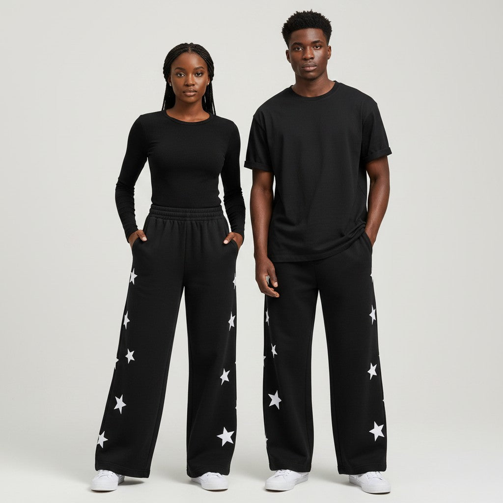Black All-Over Star Print Wide-Leg Jogger Trousers