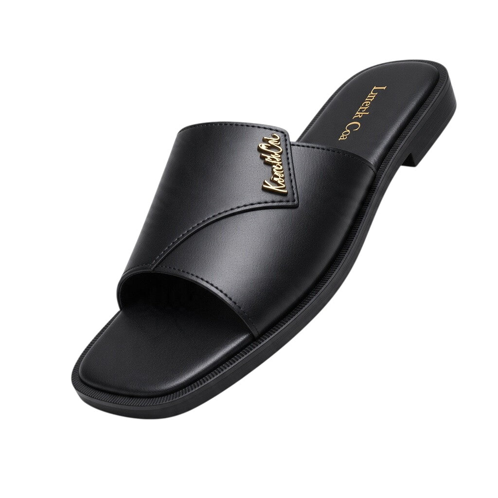 Black Cross-Strap Gold-Detail Slides