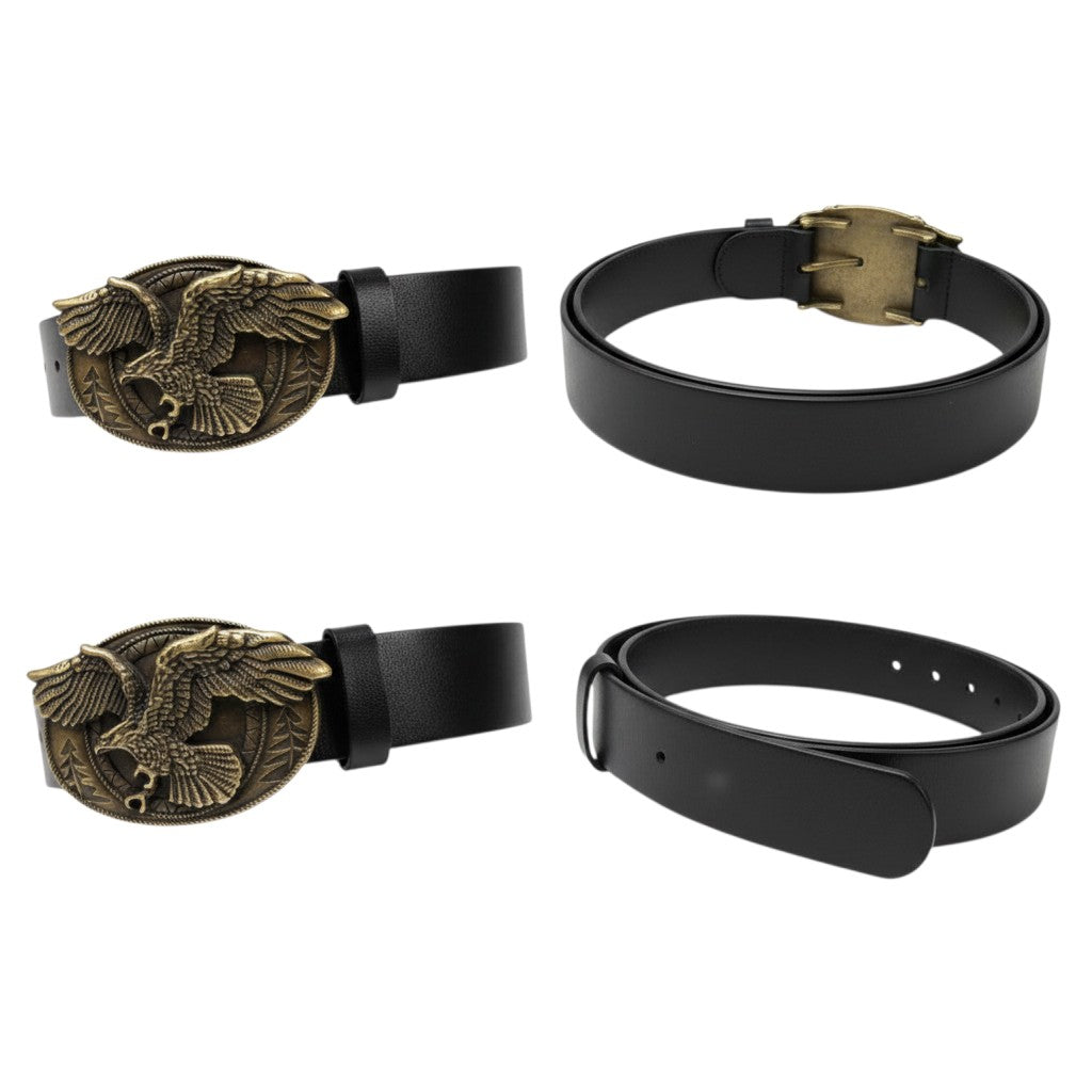 Black Leather Antique Bronze Eagle Oval Buckle Men's Belt