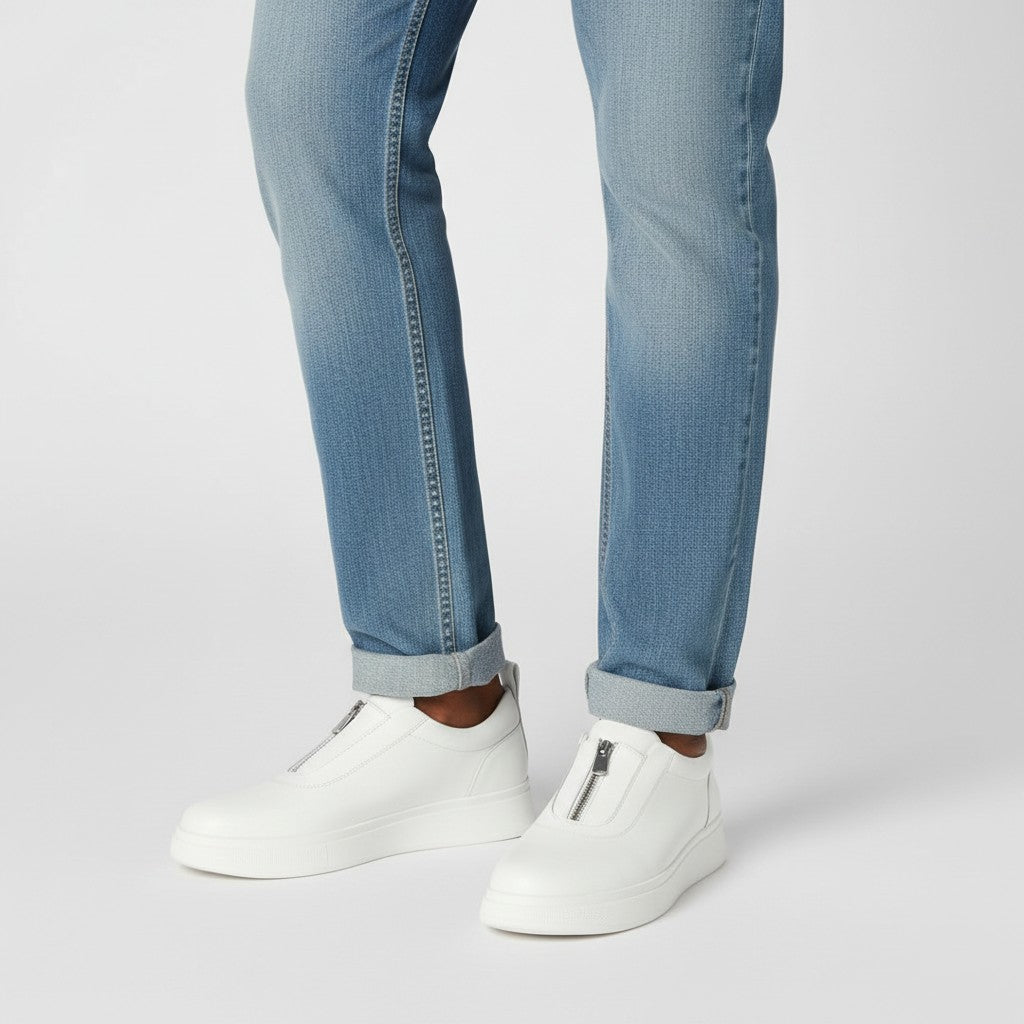 Men's All-White Leather Zip-Front Platform Sneakers
