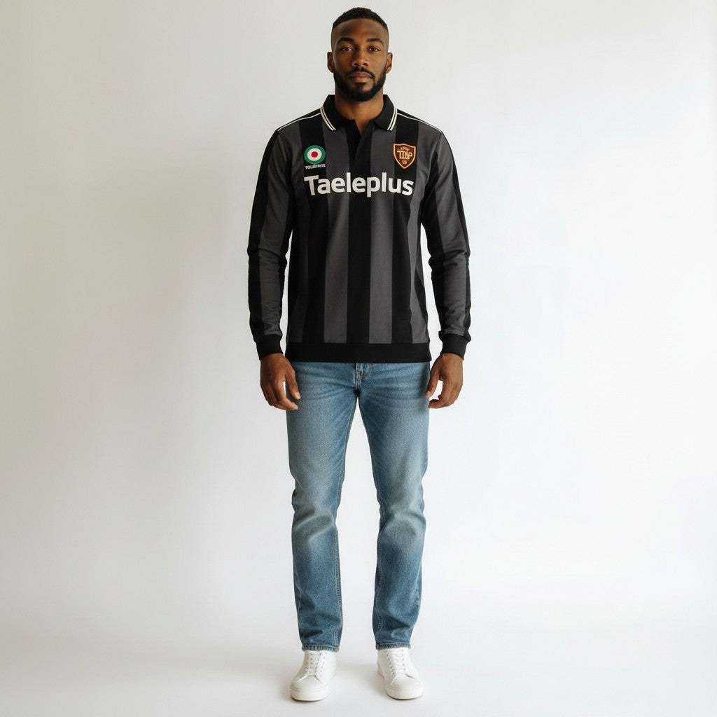 Men's Black & Grey Striped Retro Long-Sleeve Football Shirt