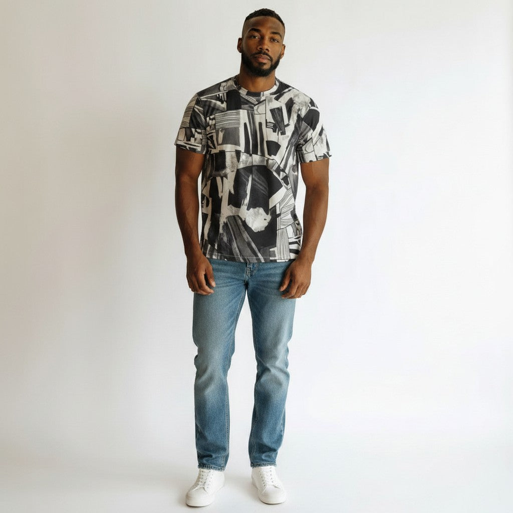 Men's Black & White Geometric Graffiti Oversized Tee
