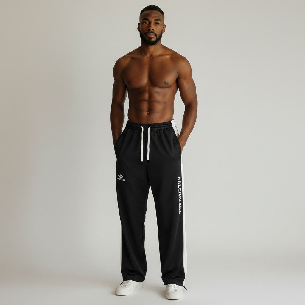 Men's Black Wide-Leg Track Joggers with White Side Stripe