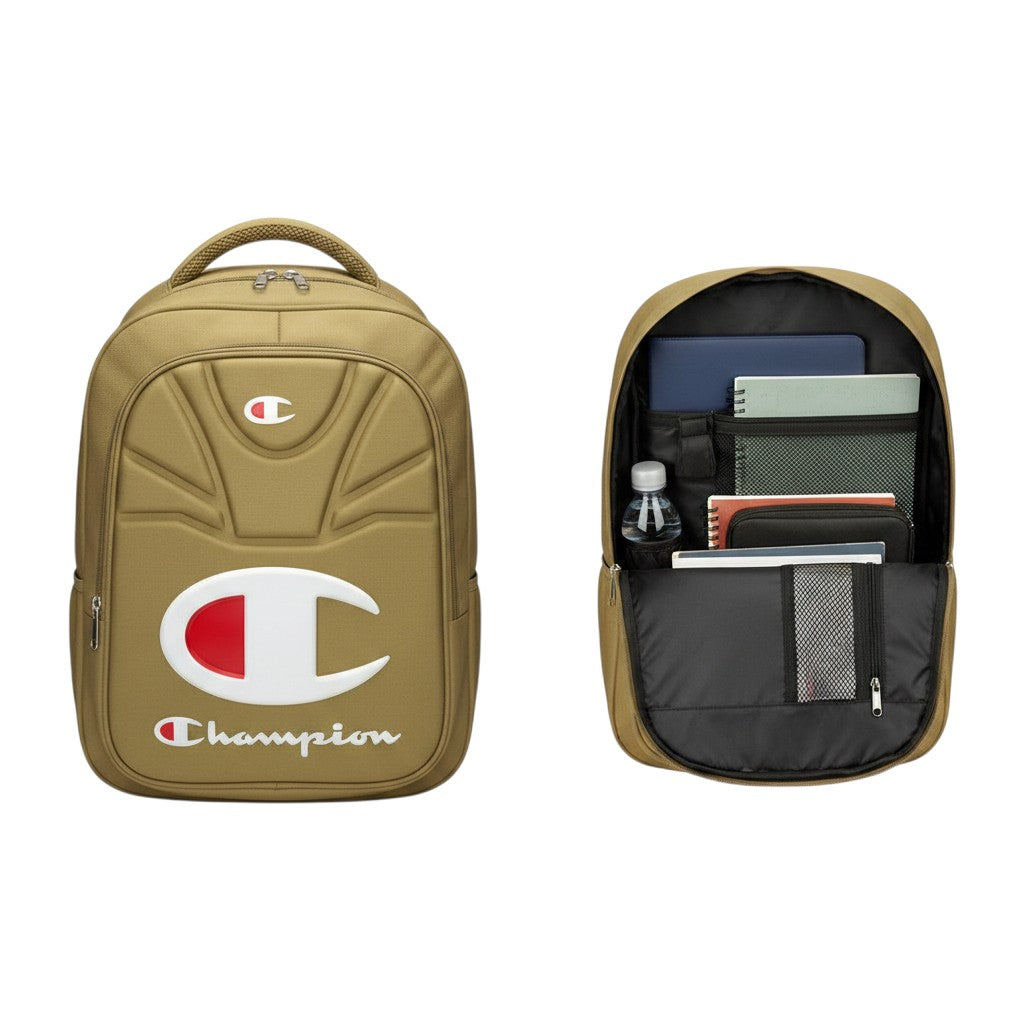 Khaki Embossed Logo 3D Panel Unisex School Backpack