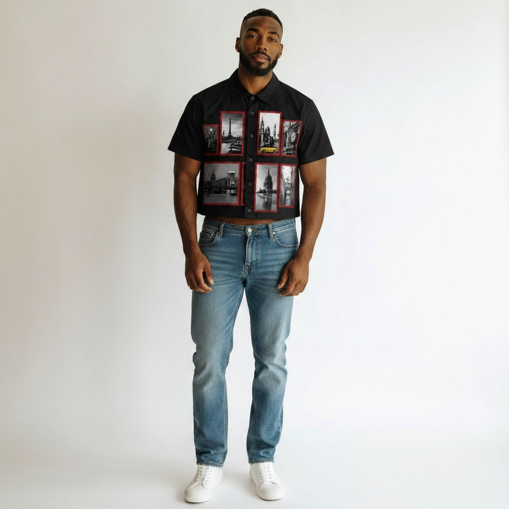 Men's Black City Photo Print Short Sleeve Shirt