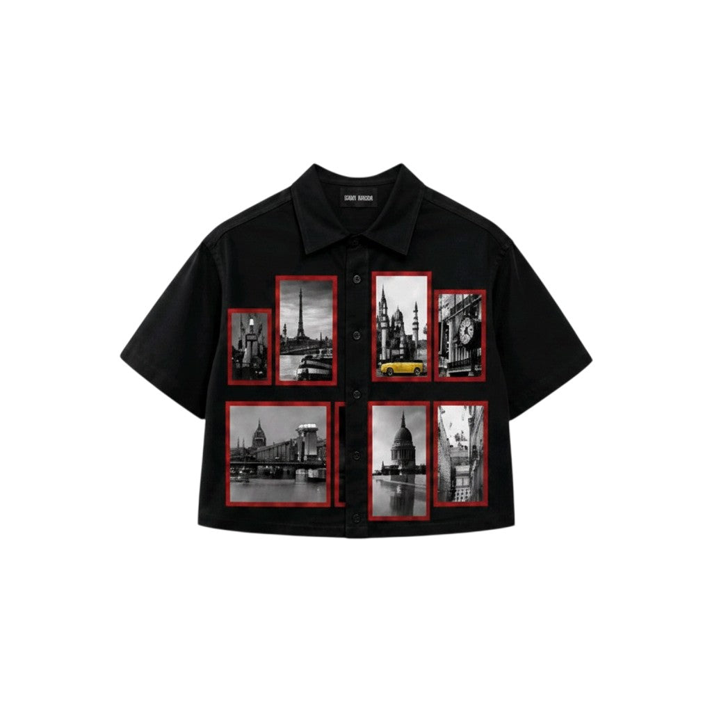 Men's Black City Photo Print Short Sleeve Shirt