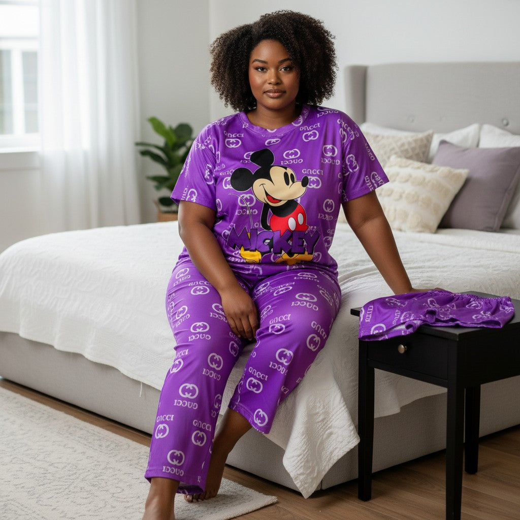 Purple Cartoon-Print 3-in-1 Adult Pyjama Set