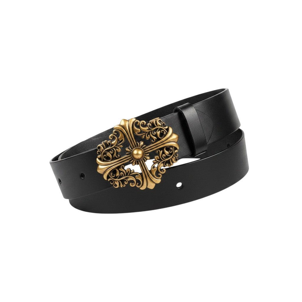 Black Leather Antique Gold Baroque Cross Filigree Buckle Men's Belt