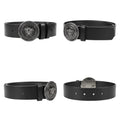 Black Leather Gunmetal Lion Head Round Buckle Men's Belt