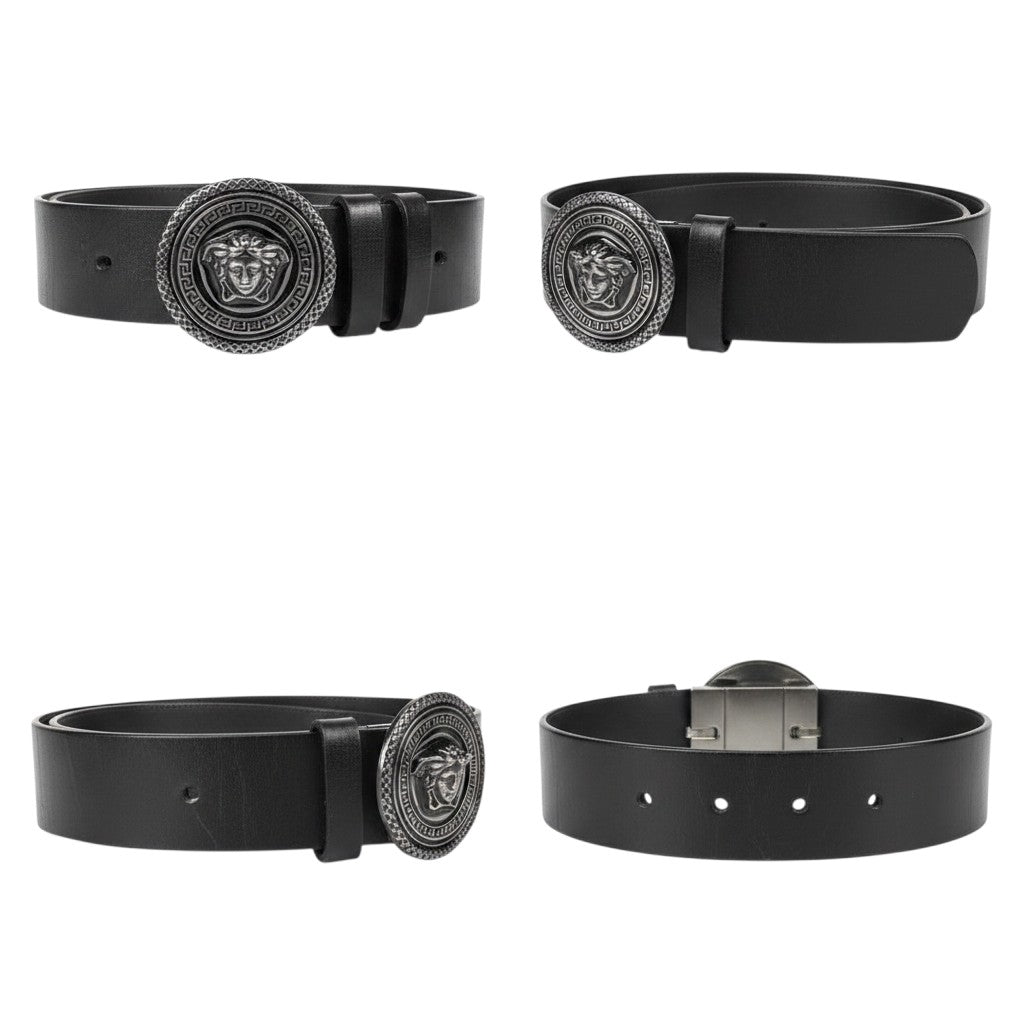 Black Leather Gunmetal Lion Head Round Buckle Men's Belt