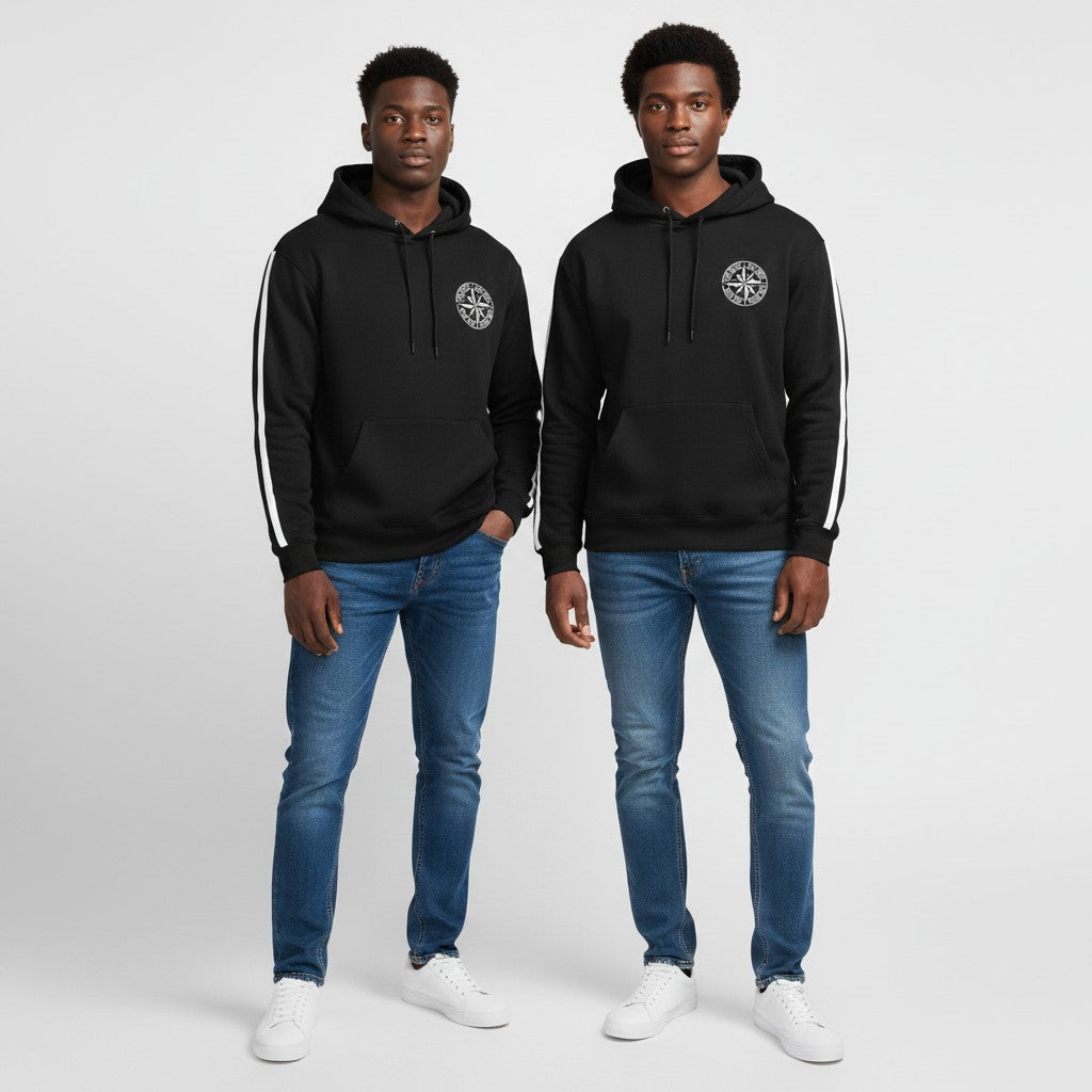 Compass Rose Stripe-Sleeve Pullover Hoodie – Black