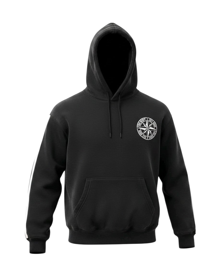 Compass Rose Stripe-Sleeve Pullover Hoodie – Black