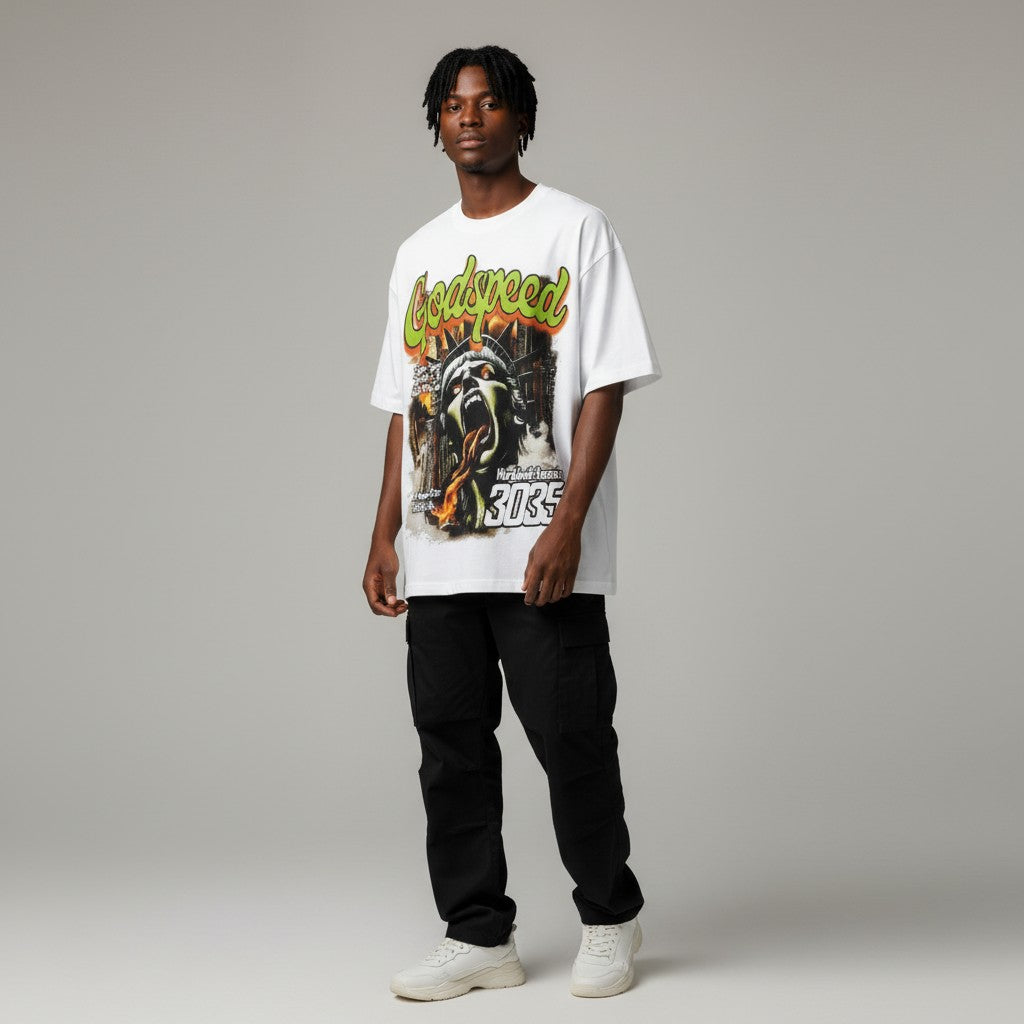 Men's White Godspeed Apocalyptic Graphic Oversized Tee
