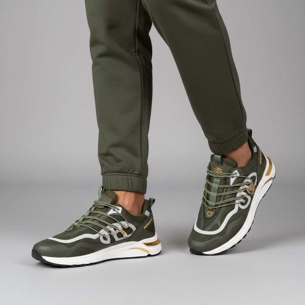 Men's Olive Green Mesh Chunky Runner Sneakers with Gold Hardware