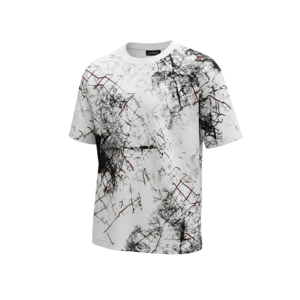 Men's White Ink Splatter Grid Print Oversized Tee