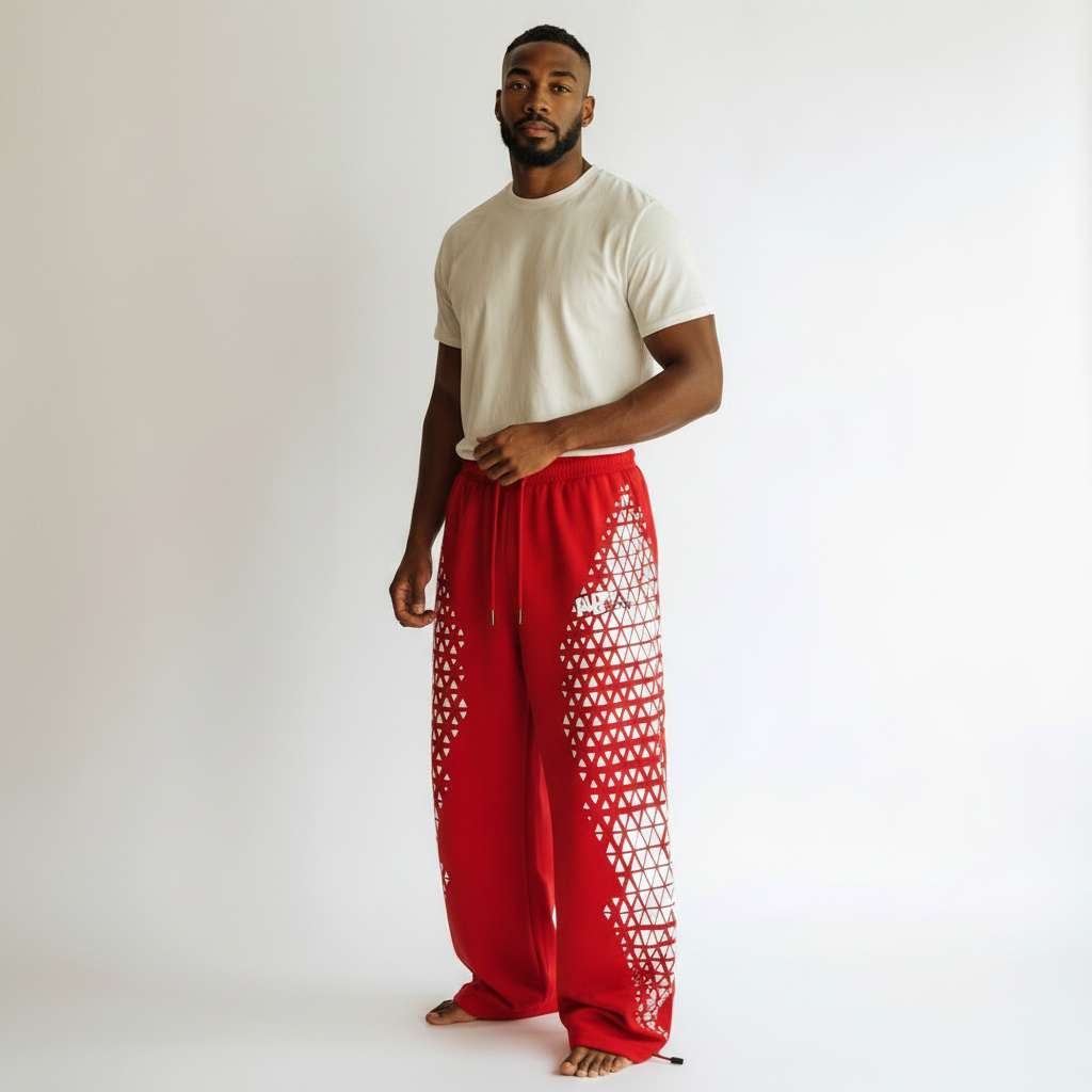 Men's Red Wide-Leg Geometric Panel Print Joggers