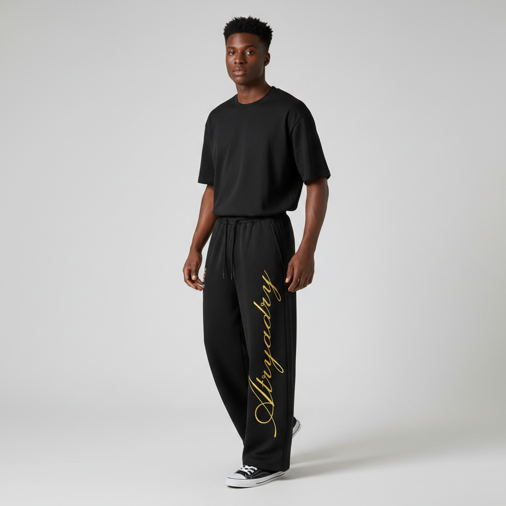 Cursive Script Embroidery Wide-Leg Jogger Pants with Flag Patch