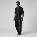 Cursive Script Embroidery Wide-Leg Jogger Pants with Flag Patch