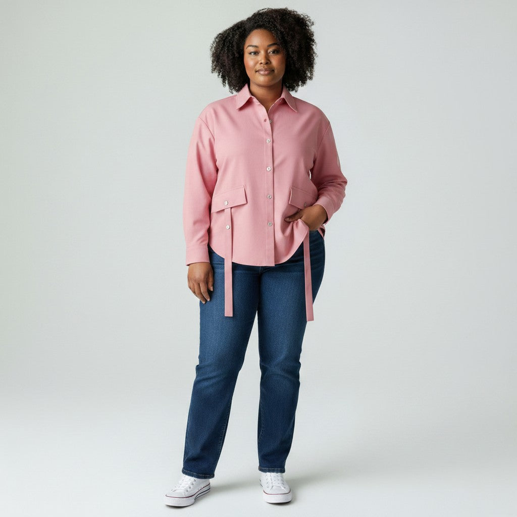 Women's Pink Cropped Belted Utility Shirt