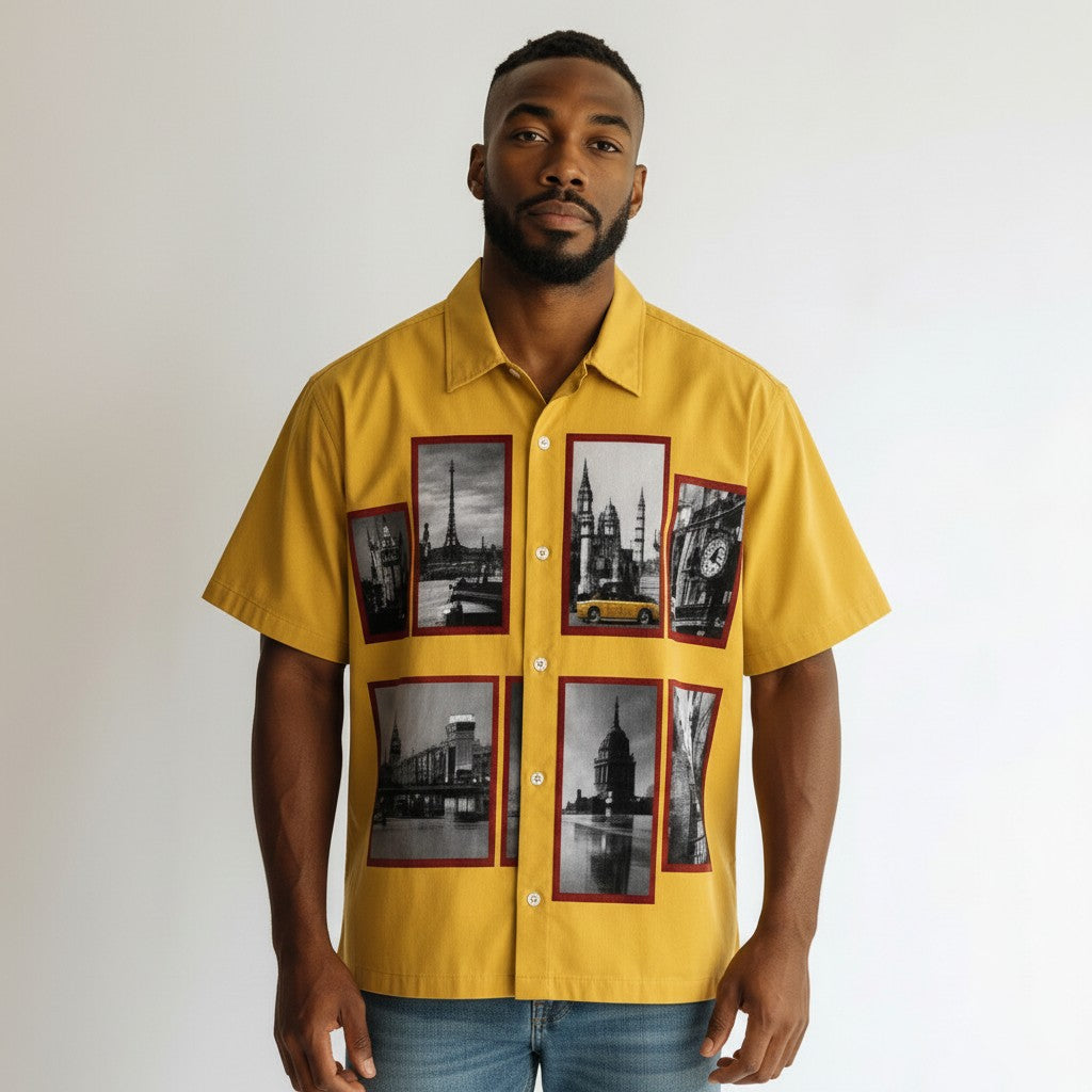 Men's Yellow City Photo Collage Print Short Sleeve Shirt