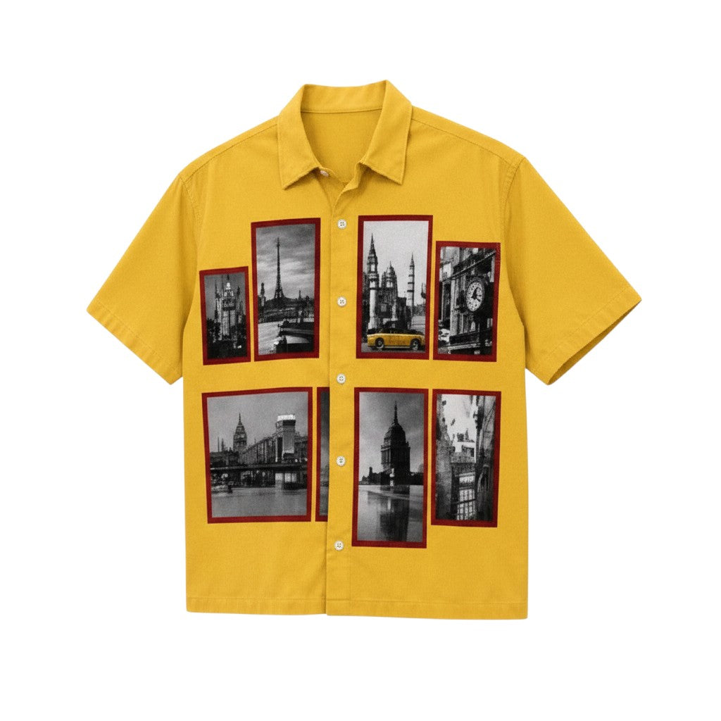 Men's Yellow City Photo Collage Print Short Sleeve Shirt