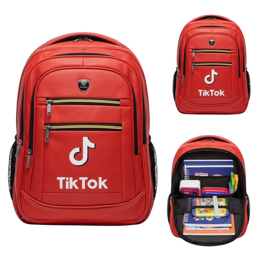 Red Leather Music Note Logo Unisex School Backpack