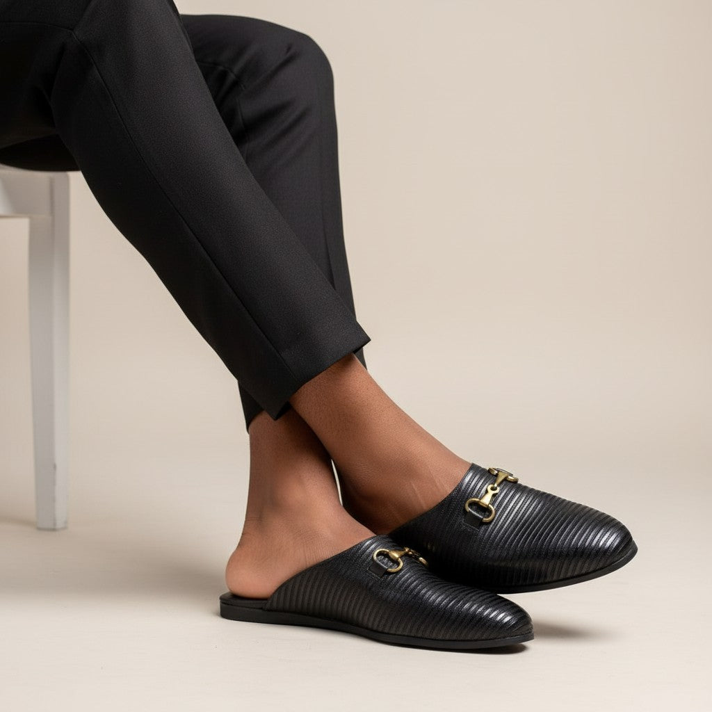 Black Ribbed Leather Gold Horsebit Mule