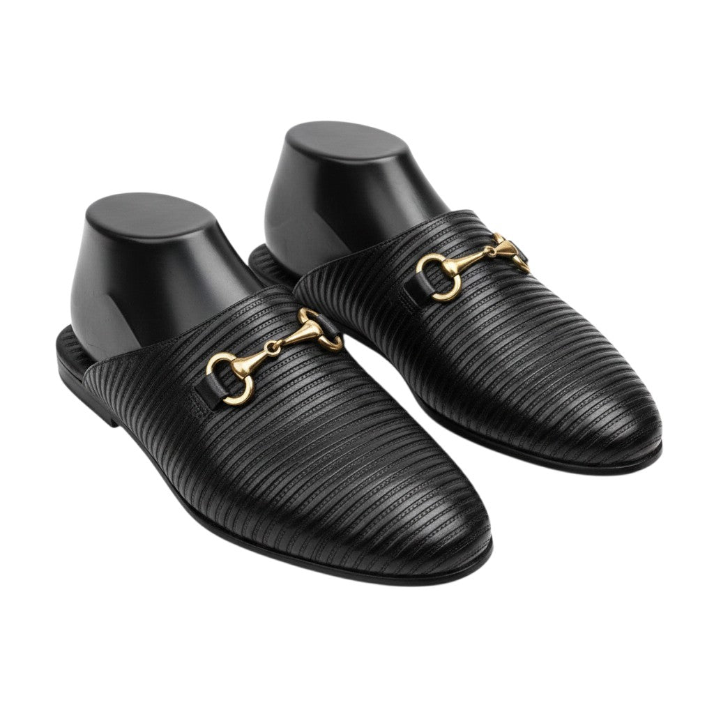 Black Ribbed Leather Gold Horsebit Mule